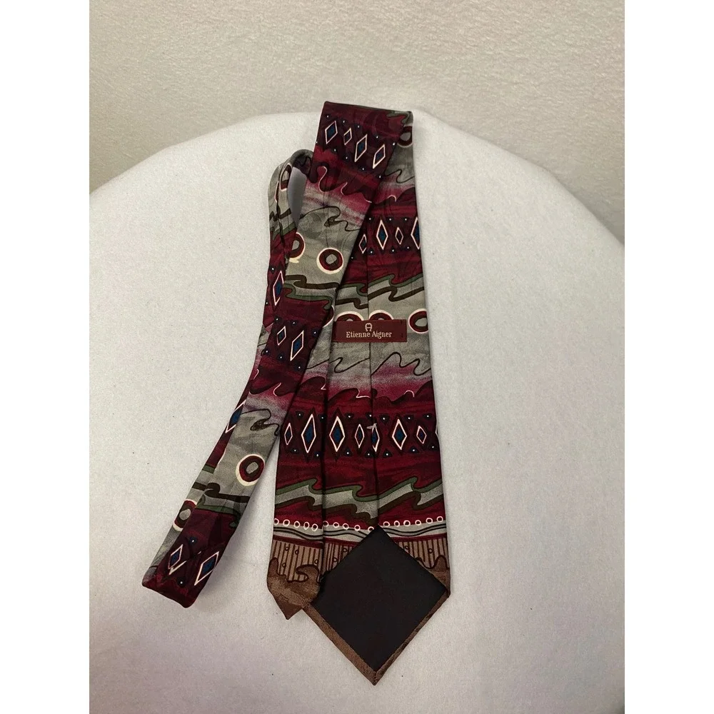 Etienne Aigner Mens Silk Tie Abstract‎ Geometric Pattern Burgundy Gray